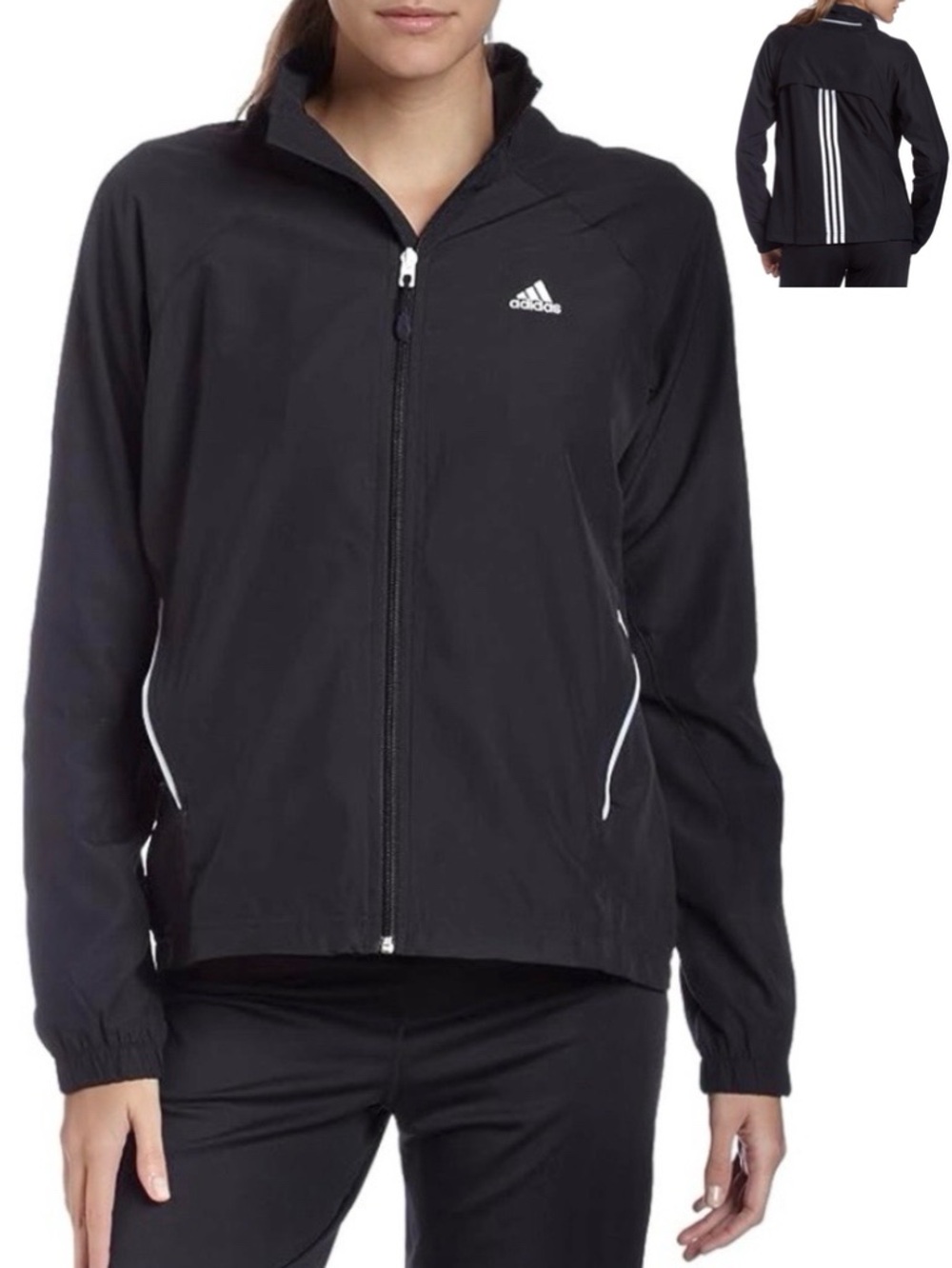 Adidas Womens Full Zip Windbreaker Jacket SZ S Reflective Black Sporty Y2K Gym